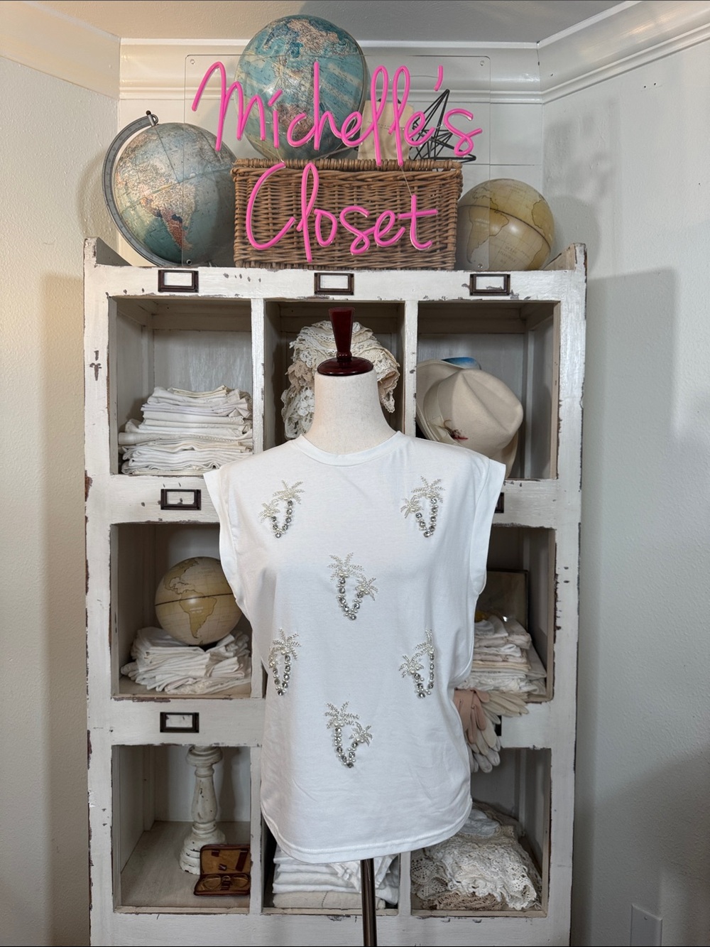 White Embellished Palm-Accent Sleeveless Top